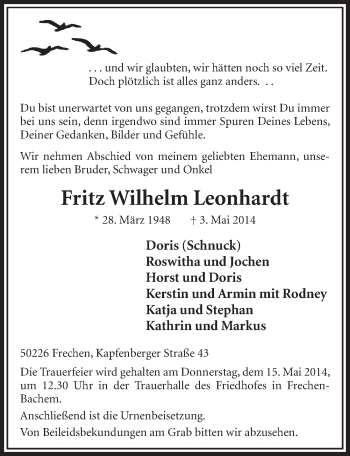 Anzeige von Fritz Wilhelm Leonhardt von  Sonntags-Post 