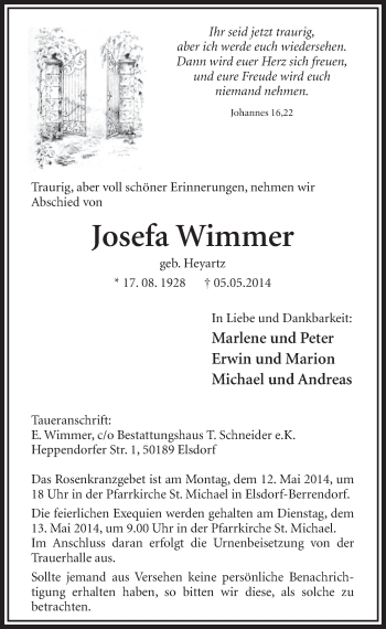 Anzeige von Josefa Wimmer von  Sonntags-Post 