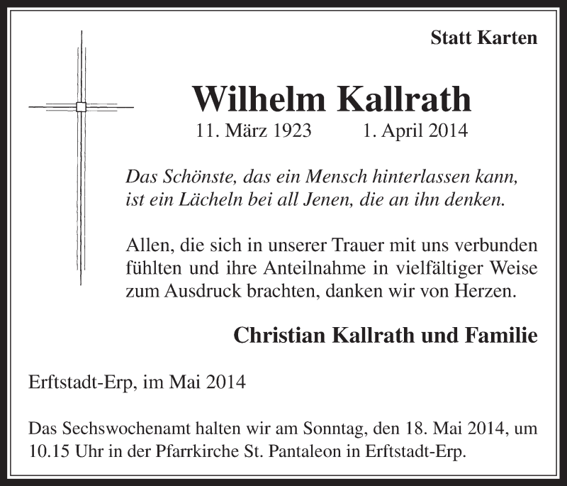  Traueranzeige für Wilhelm Kallrath vom 14.05.2014 aus  Werbepost 
