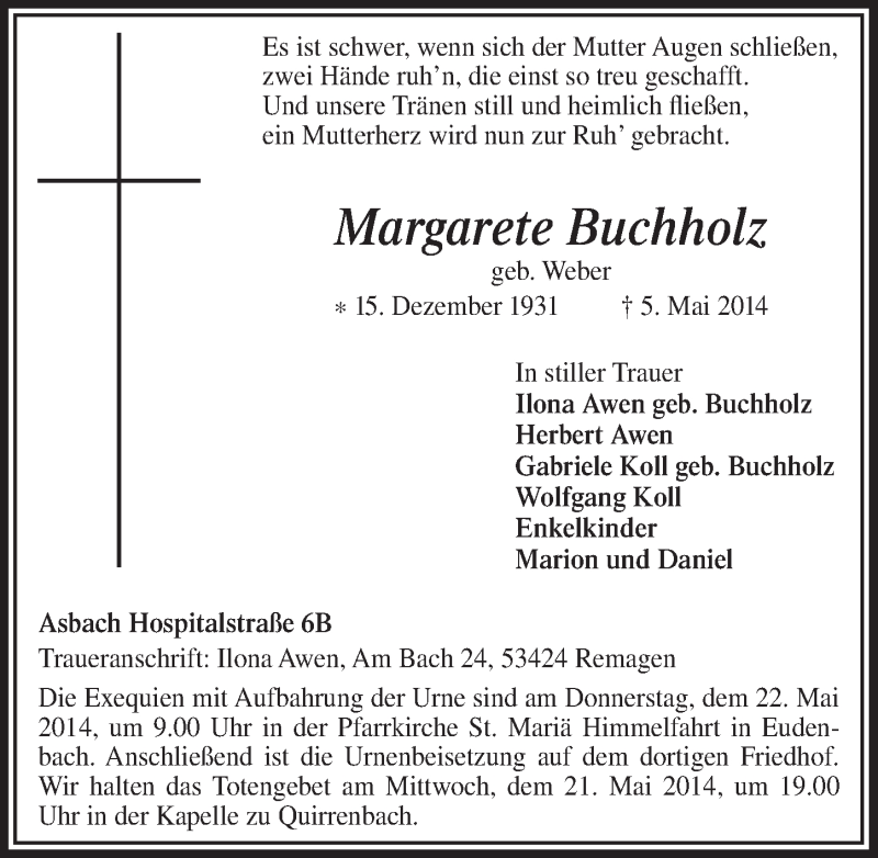  Traueranzeige für Margarete Buchholz vom 14.05.2014 aus  Extra Blatt 