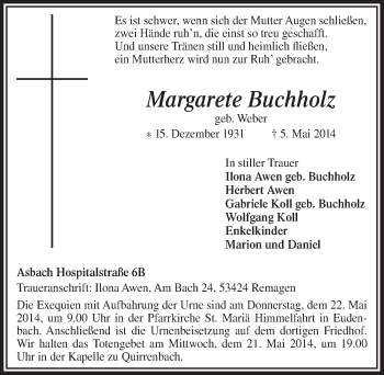 Anzeige von Margarete Buchholz von  Extra Blatt 