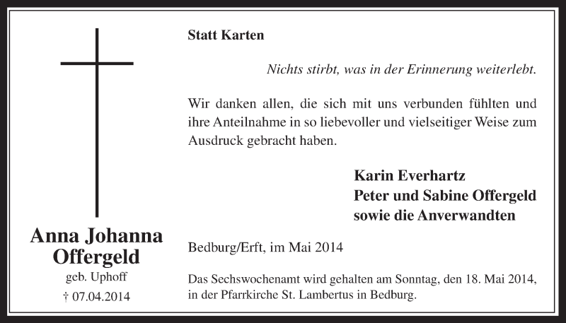  Traueranzeige für Anna Johanna Offergeld vom 14.05.2014 aus  Werbepost 