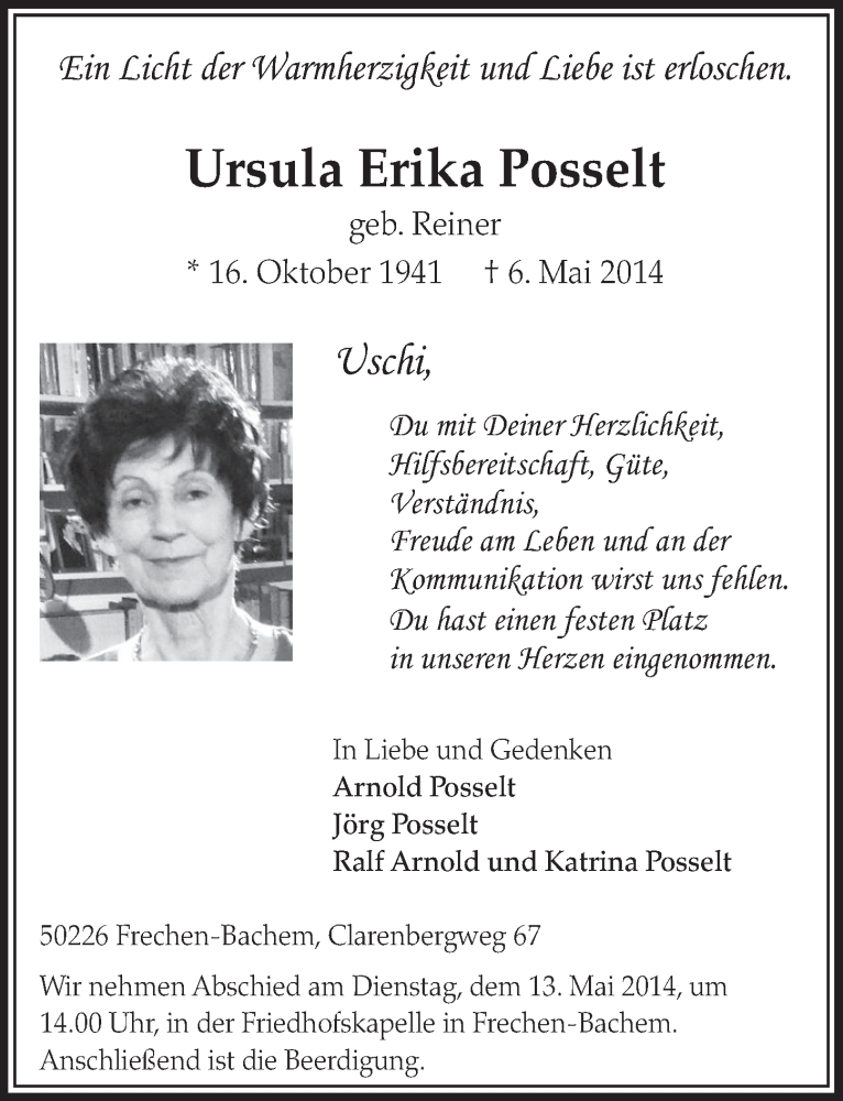  Traueranzeige für Ursula Erika Posselt vom 10.05.2014 aus  Sonntags-Post 