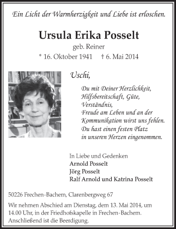 Anzeige von Ursula Erika Posselt von  Sonntags-Post 