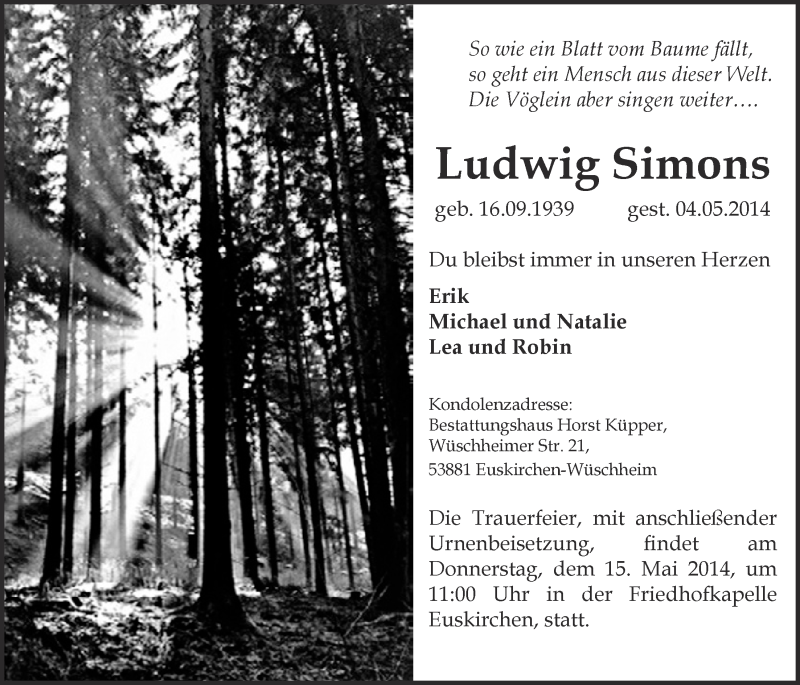  Traueranzeige für Ludwig Simons vom 11.05.2014 aus  Blickpunkt Euskirchen 