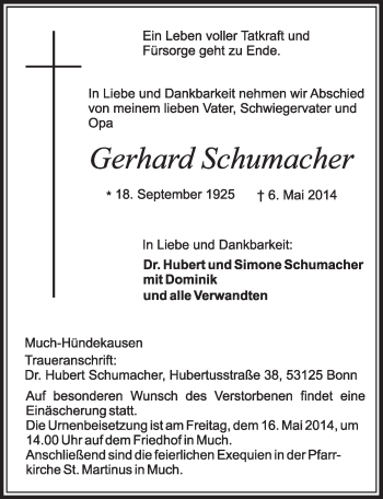 Anzeige von Gerhardt Schumacher von  Sonntags-Post 