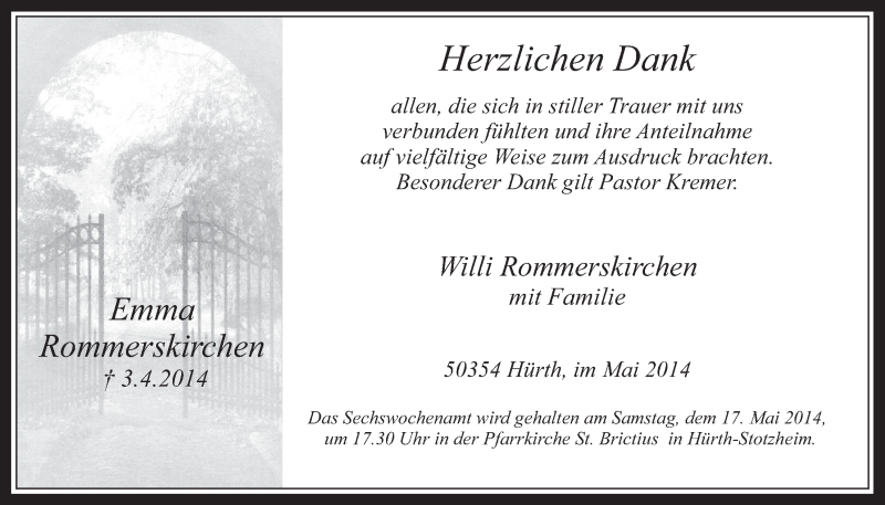  Traueranzeige für Emma Rommerskirch vom 14.05.2014 aus  Wochenende 