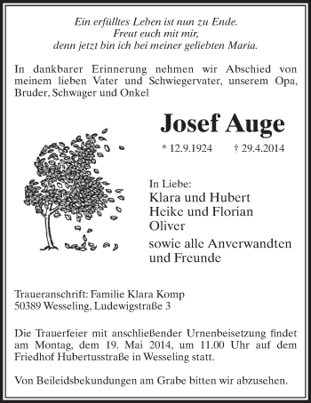 Anzeige von Josef Auge von  Schlossbote/Werbekurier 