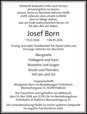 Anzeige von Josef Born von  Sonntags-Post 