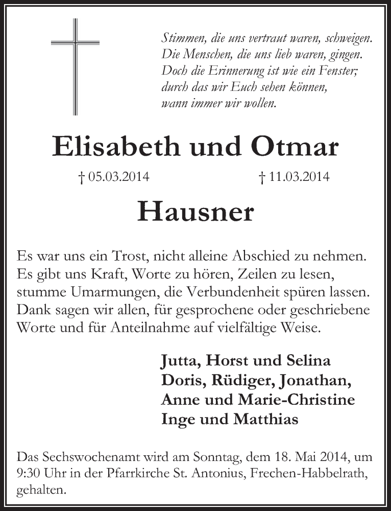  Traueranzeige für Elisabeth und Otmar Hausner vom 14.05.2014 aus  Wochenende 