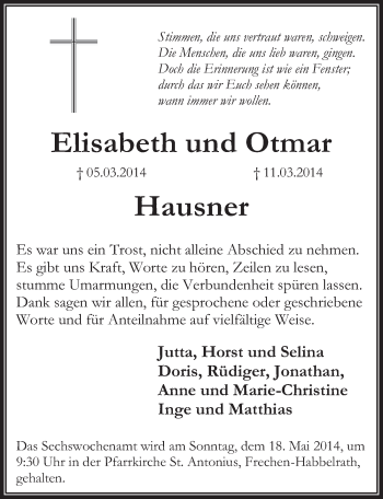 Anzeige von Elisabeth und Otmar Hausner von  Wochenende 
