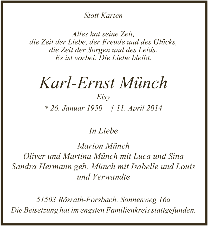  Traueranzeige für Karl-Ernst Münch vom 14.05.2014 aus  Bergisches Handelsblatt 