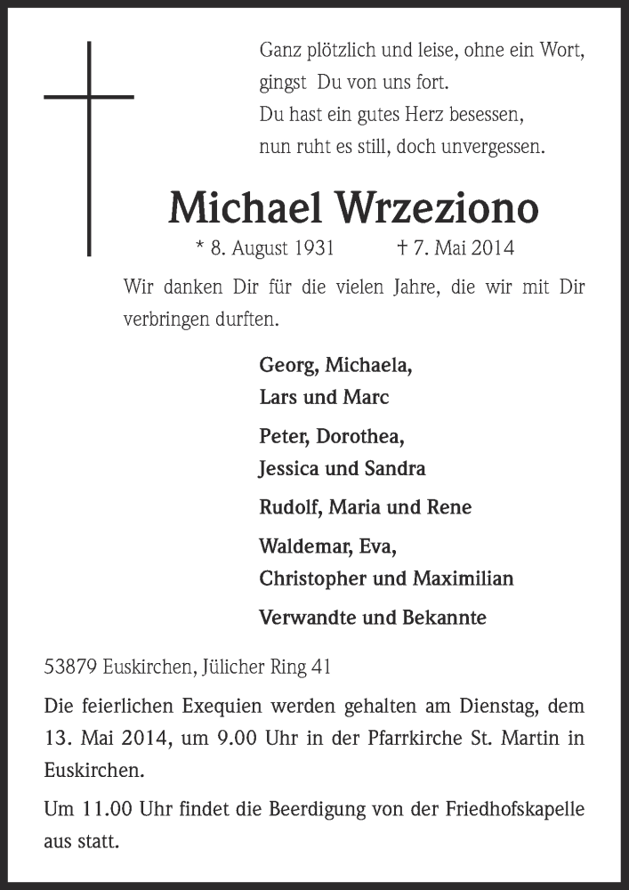  Traueranzeige für Michael Wrzeziono vom 11.05.2014 aus  Blickpunkt Euskirchen 