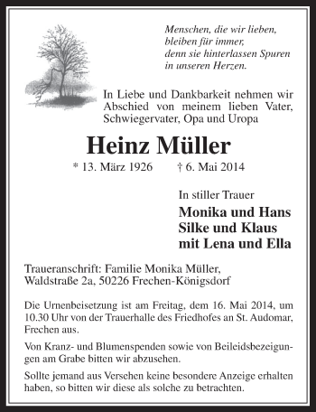Anzeige von Heinz Müller von  Wochenende 