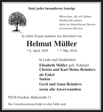 Anzeige von Helmut Müller von  Wochenende 