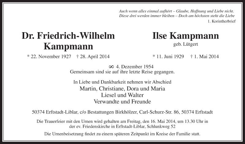  Traueranzeige für Friedrich- Wilhelm und Ilse Kampmann vom 14.05.2014 aus  Werbepost 
