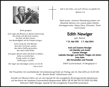 Anzeige von Edith Newiger von  Anzeigen Echo 