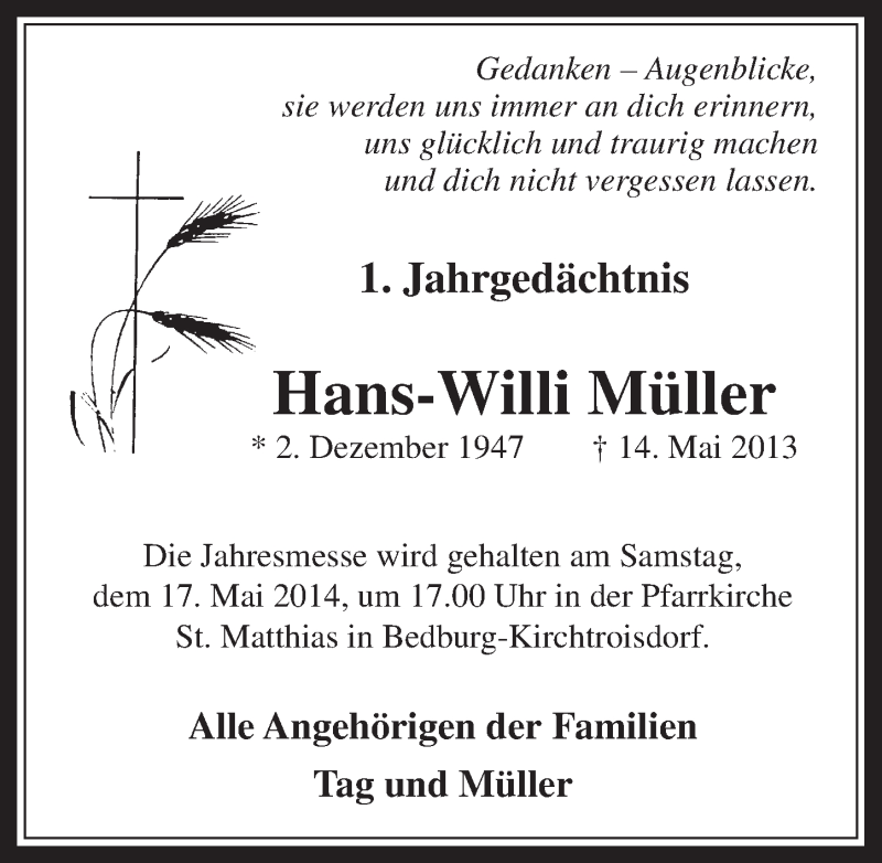  Traueranzeige für Hans-illi Müller vom 14.05.2014 aus  Werbepost 