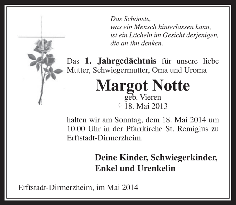  Traueranzeige für Margot Notte vom 14.05.2014 aus  Werbepost 