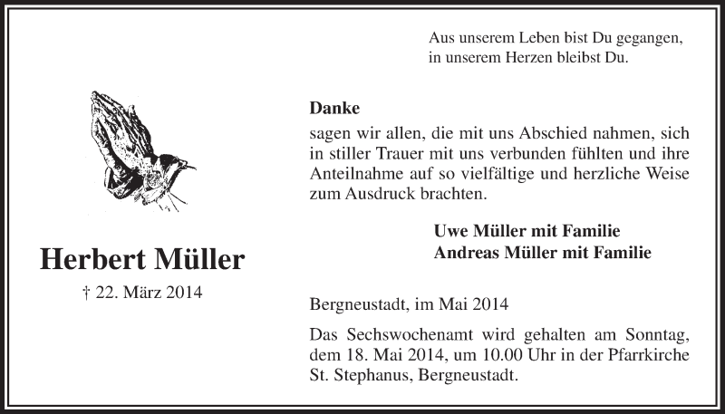  Traueranzeige für Herbert Müller vom 14.05.2014 aus  Anzeigen Echo 