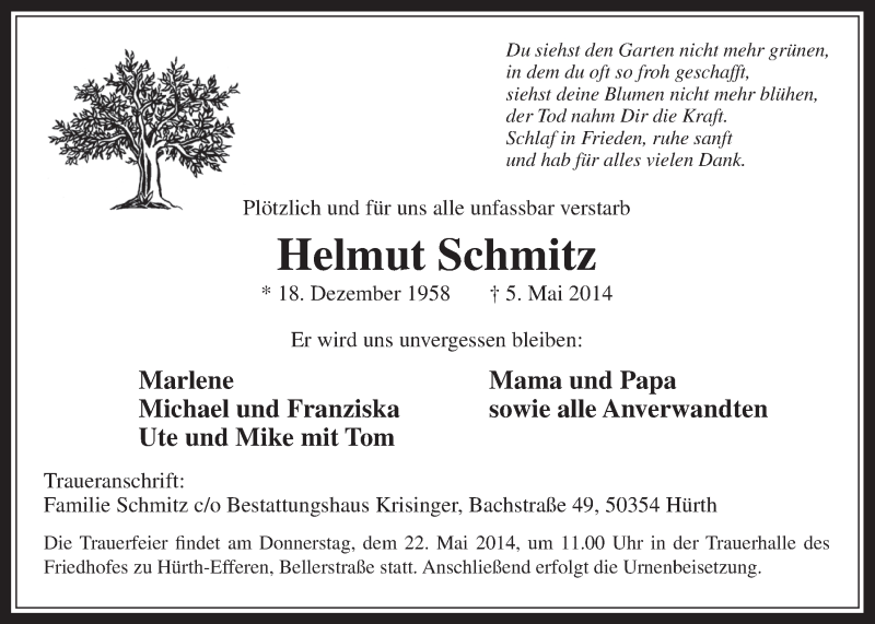  Traueranzeige für Helmut Schmitz vom 14.05.2014 aus  Wochenende 