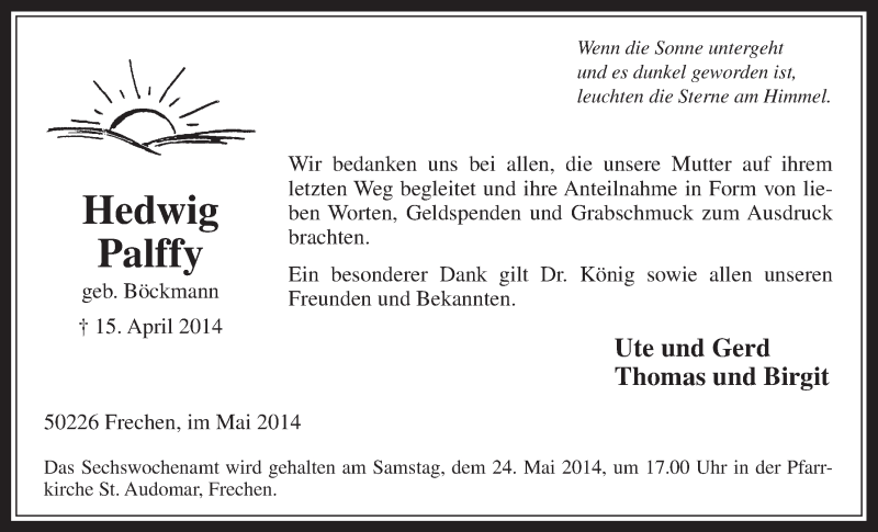  Traueranzeige für Hedwig Palffy vom 14.05.2014 aus  Wochenende 