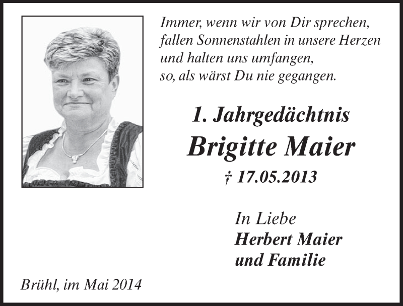  Traueranzeige für Brigitte Dick vom 14.05.2014 aus  Schlossbote/Werbekurier 