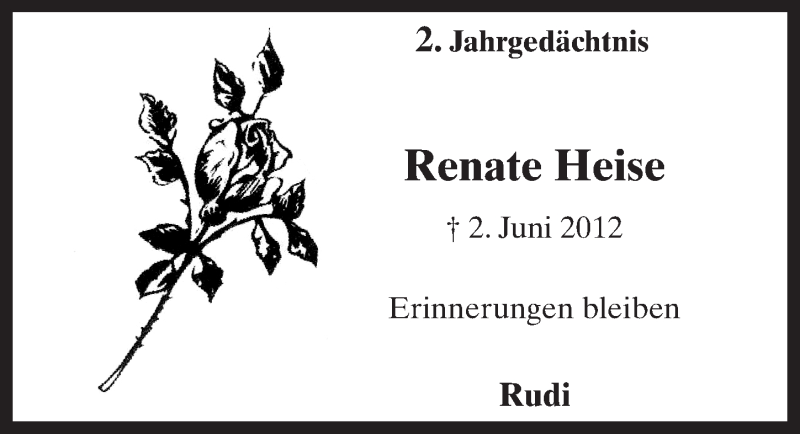  Traueranzeige für Renate Heise vom 14.05.2014 aus  Anzeigen Echo 