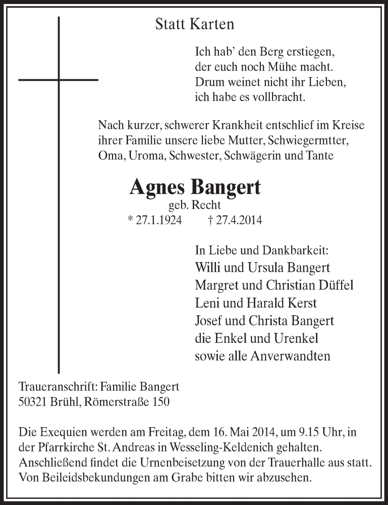  Traueranzeige für Agnes Bangert vom 14.05.2014 aus  Schlossbote/Werbekurier 