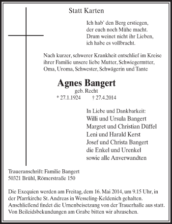 Anzeige von Agnes Bangert von  Schlossbote/Werbekurier 