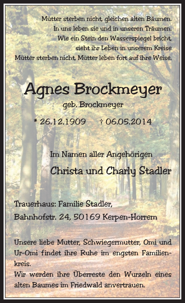  Traueranzeige für Agnes Brockmeyer vom 14.05.2014 aus  Werbepost 