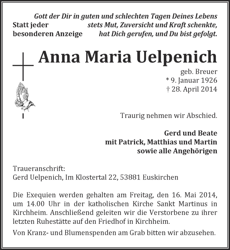  Traueranzeige für Anna Maria Uelpenich vom 11.05.2014 aus  Blickpunkt Euskirchen 