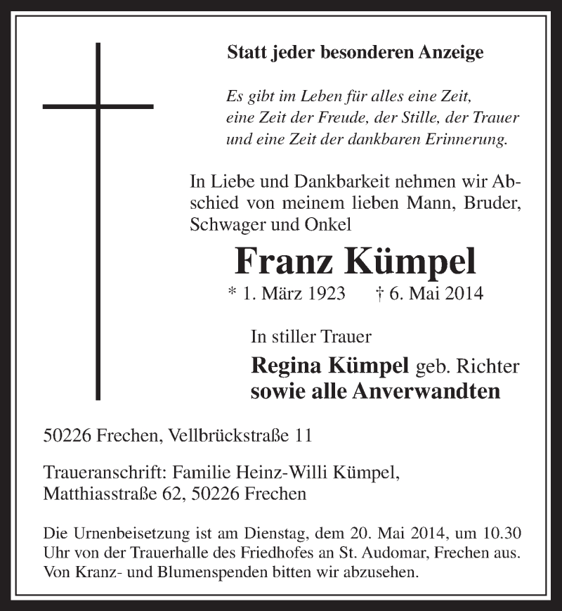  Traueranzeige für Franz Kümpel vom 14.05.2014 aus  Wochenende 
