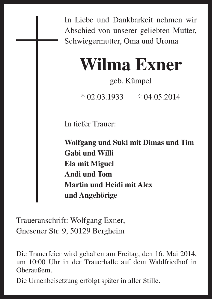 Traueranzeige für Wilma Exner vom 14.05.2014 aus  Werbepost 