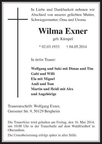 Anzeige von Wilma Exner von  Werbepost 