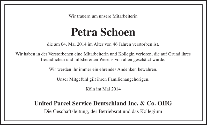  Traueranzeige für Petra Schoen vom 14.05.2014 aus  Extra Blatt 