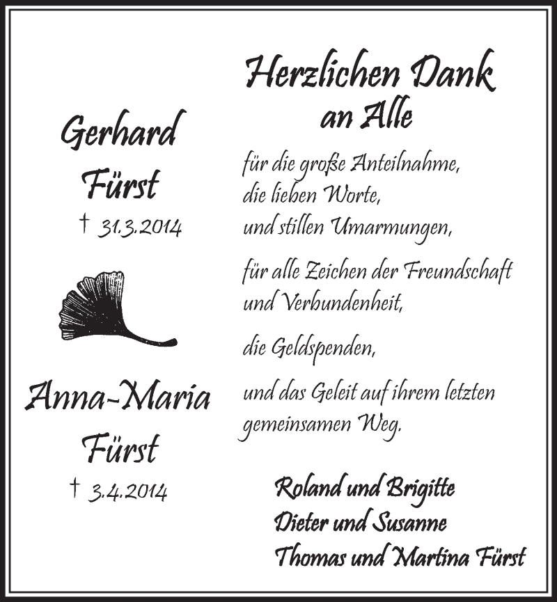  Traueranzeige für Gerhard und Anna-Maria Fürst vom 14.05.2014 aus  Schlossbote/Werbekurier 