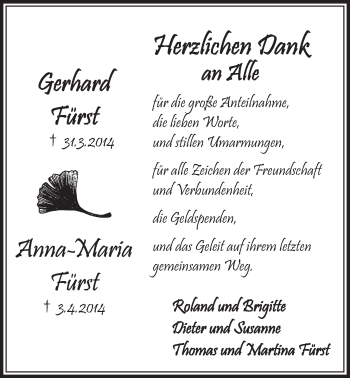 Anzeige von Gerhard und Anna-Maria Fürst von  Schlossbote/Werbekurier 