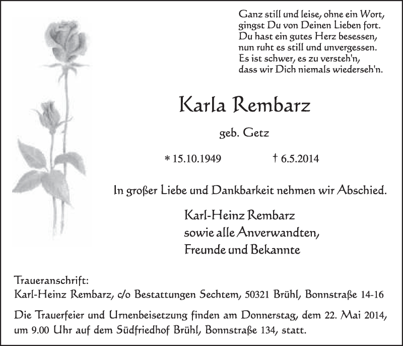  Traueranzeige für Karla Rembarz vom 14.05.2014 aus  Schlossbote/Werbekurier 