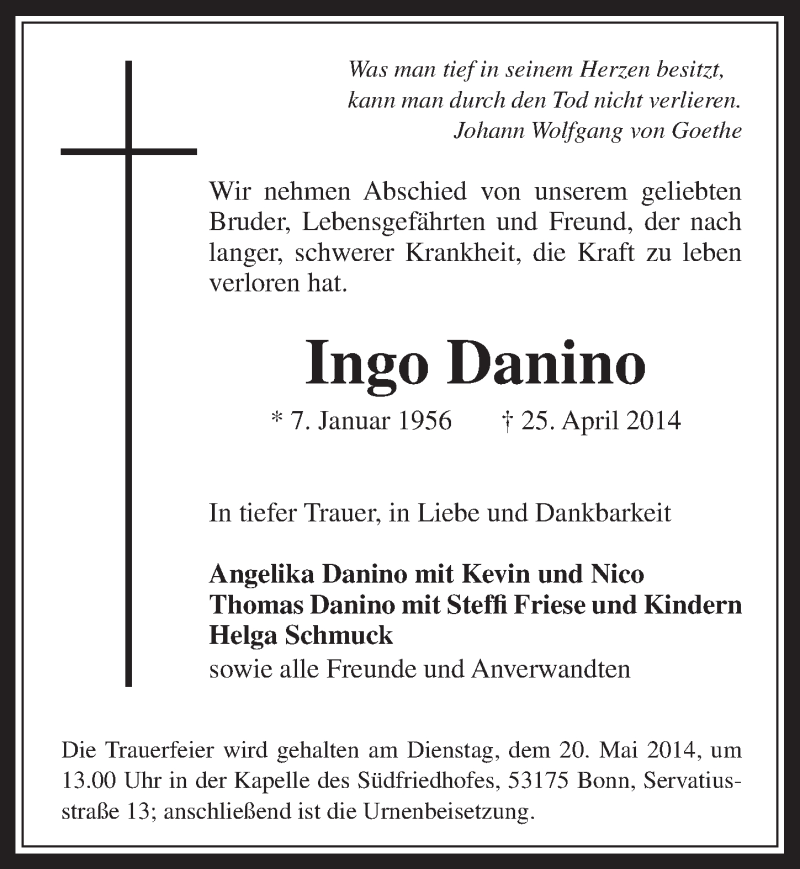  Traueranzeige für Ingo Danino vom 14.05.2014 aus  Werbepost 