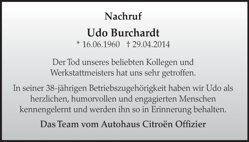  Traueranzeige für Udo Burchardt vom 14.05.2014 aus  Schlossbote/Werbekurier 