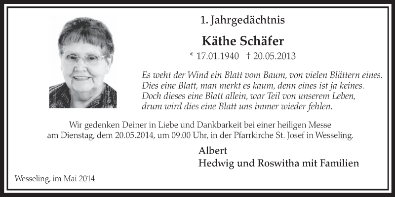  Traueranzeige für Käthe Schäfer vom 14.05.2014 aus  Schlossbote/Werbekurier 