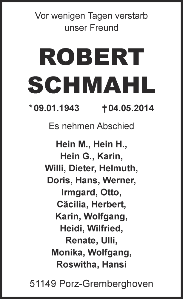  Traueranzeige für Robert Schmahl vom 14.05.2014 aus  Kölner Wochenspiegel 
