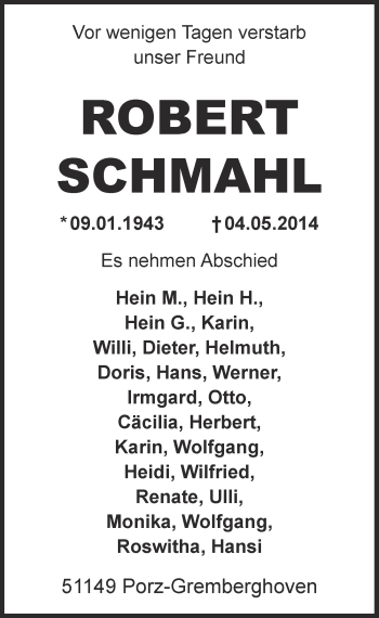 Anzeige von Robert Schmahl von  Kölner Wochenspiegel 