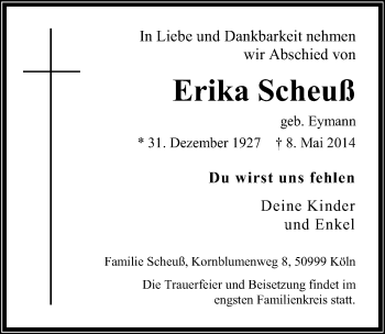 Anzeige von Erika Scheuß von  Kölner Wochenspiegel 