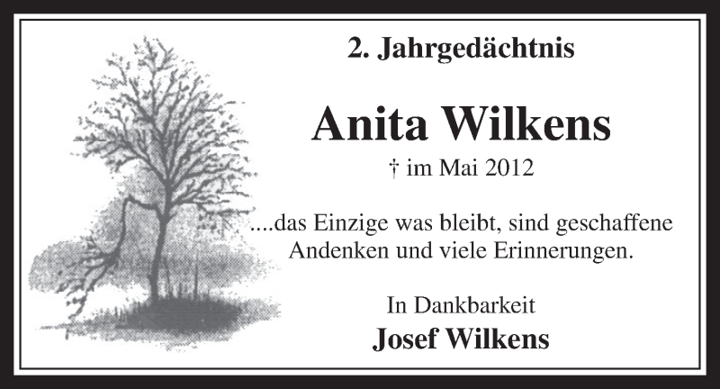  Traueranzeige für Anita Wilkens vom 14.05.2014 aus  Schaufenster/Blickpunkt 