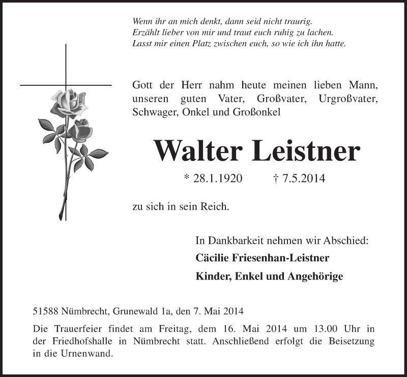  Traueranzeige für Walter Leistner vom 14.05.2014 aus  Lokalanzeiger 