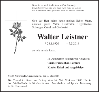 Anzeige von Walter Leistner von  Lokalanzeiger 