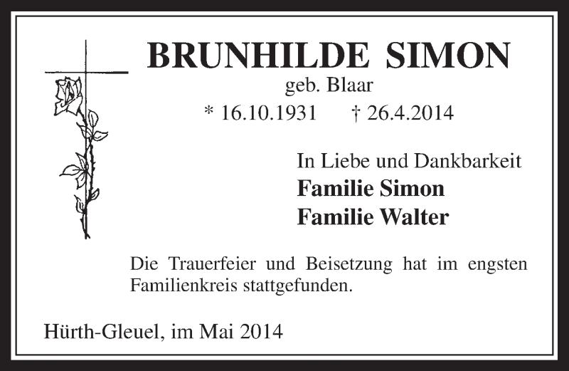  Traueranzeige für Brunhilde Simon vom 14.05.2014 aus  Wochenende 