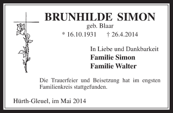 Anzeige von Brunhilde Simon von  Wochenende 